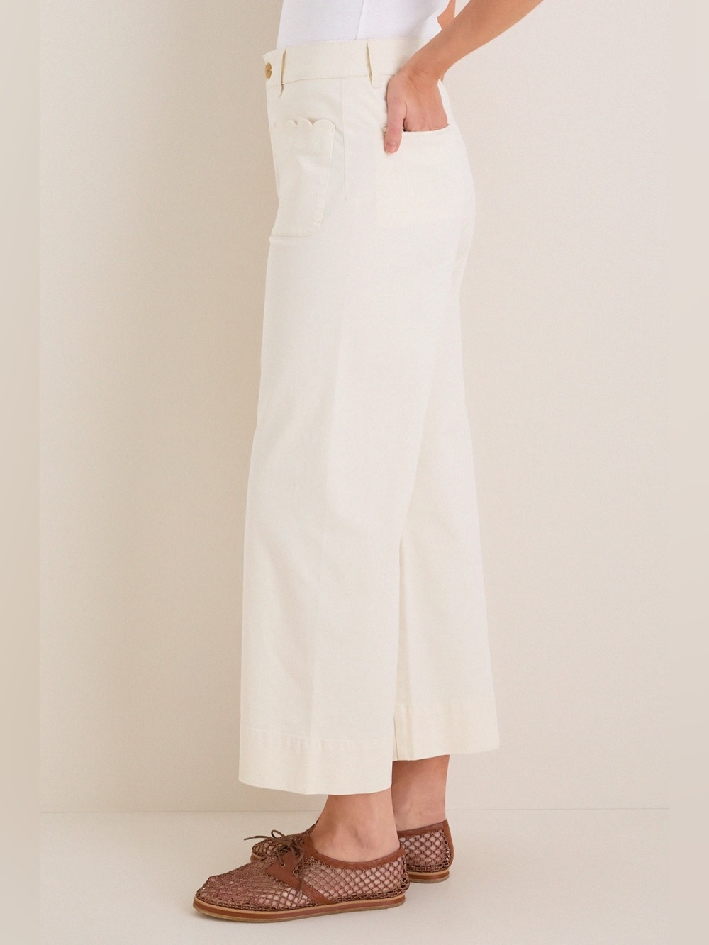 Tuckernuck NWOT White Chino Crop Wide Leg Cotton Scalloped Pocket Pants- Size 10 - Picture 6 of 9